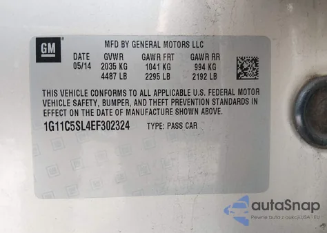 2014 Chevrolet Malibu 1Lt z USA, uszkodzony, nr VIN 1G11C5SL4EF302324